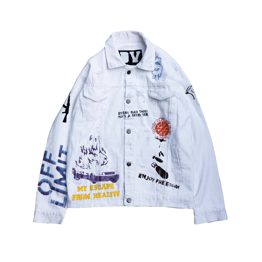 DURCHVOLK / VJJ505  / Jaket Jeans Denim Pria Wanita Painting Ripped Patch Big Size Putih