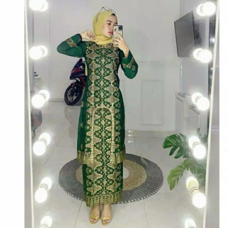couple setelan batik songket Palembang hijau gold