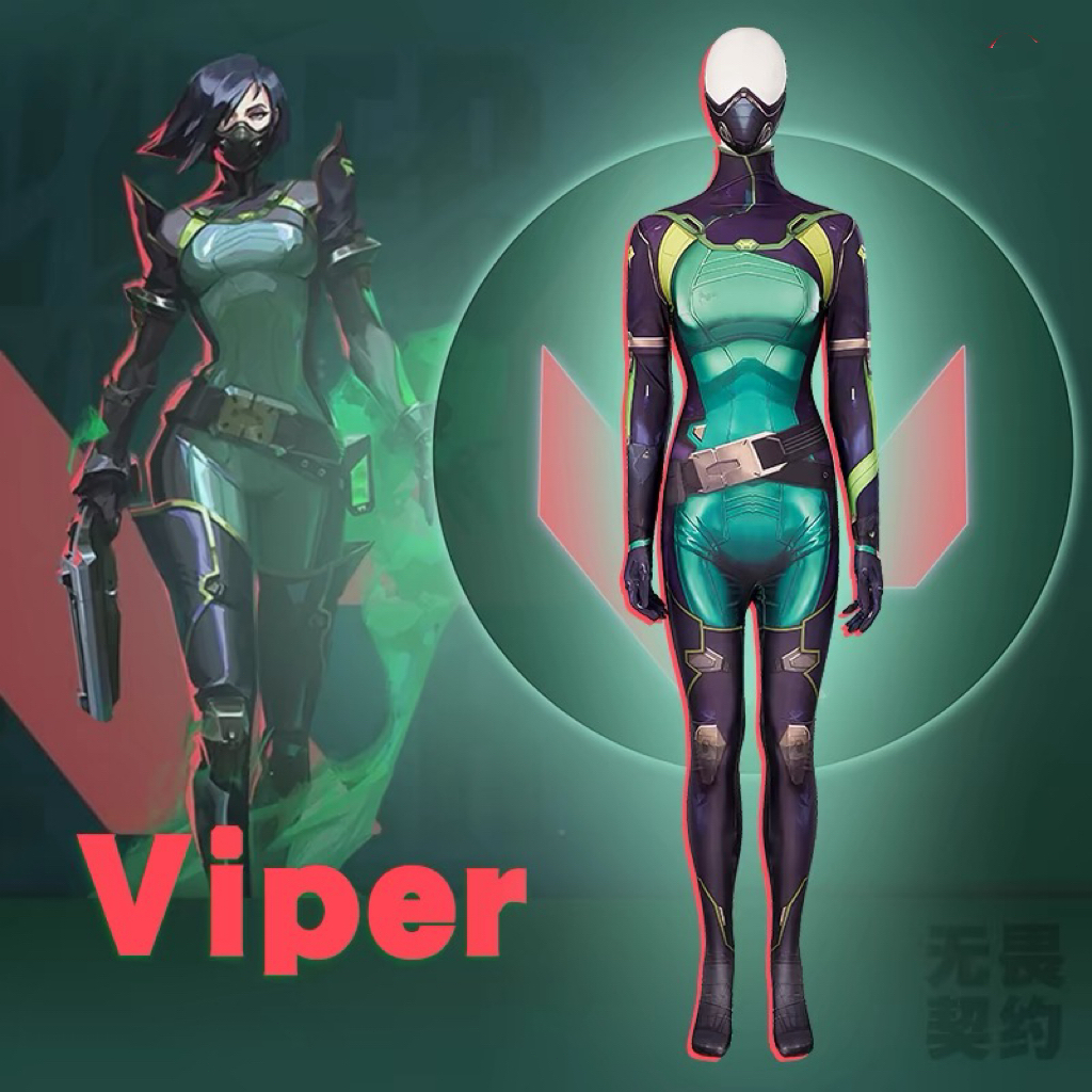 Game Valorant Viper Cosplay Costume Women Green Jumpsuit with Face Mask Uniform Set 3D Printed Zenta
