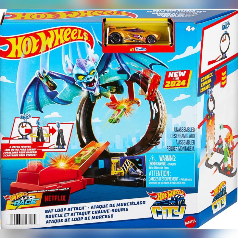 Hot wheels city toy car track bat loop attack with adjustable loop and launcher