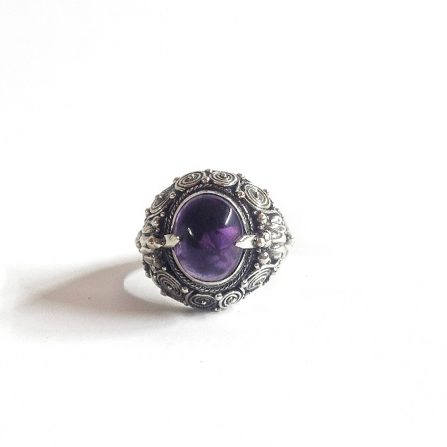 Cincin Ring Ukir Manuk Permata Amethyst Perak Silver Bali Asli 925 Pria Wanita Elegant