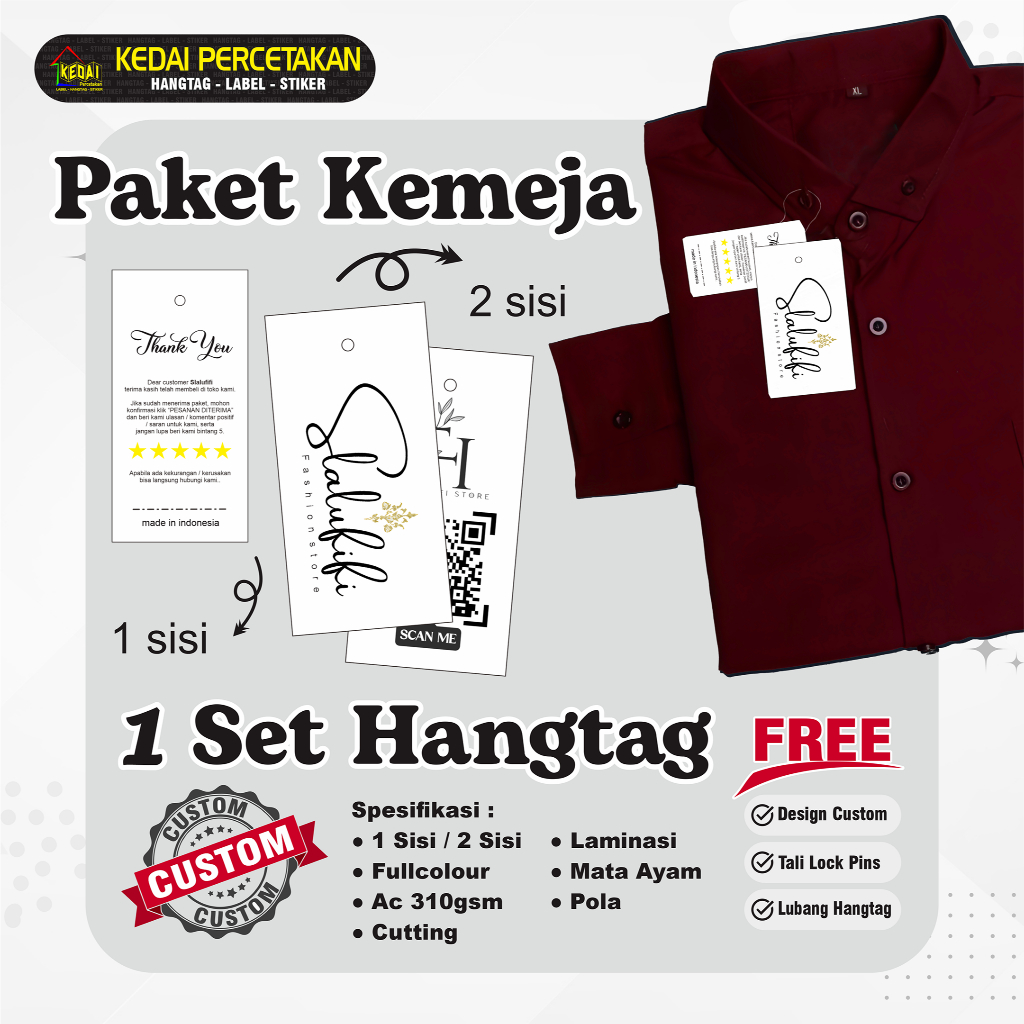 

PAKET KEMEJA !!! hantag aksesoris handtag Souvenir hangtag Custom hentek thank you handstag merk price tag label baju lebel merek bonus tali (PKKM002) 2 Sisi