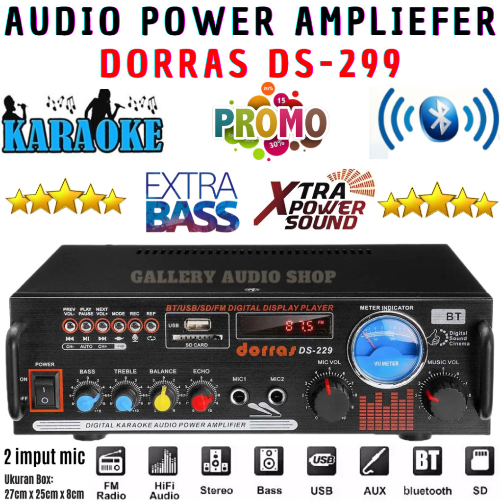 Audio Power Amplifier DORRAS DS-299 2000W | Amplifier Stereo Bluetooth Karaoke Indikator Meter VU Su