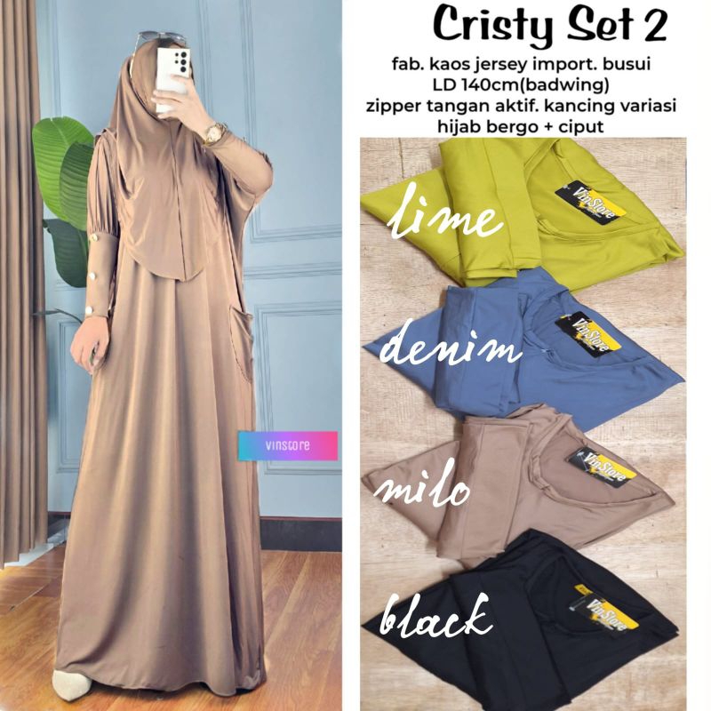 Cristy Set Hijab Gamis Arabian Dress Kondangan Terbaru Baju Muslim jumbo LD 140CM Terbaru Bahan Jers
