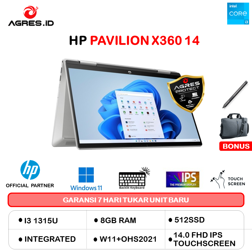 HP PAVILION X360 14 TOUCH CORE 3 100U 8GB 512GB W11+OHS 14.0FHD IPS BLIT PEN 2Y+ADP SLV -EK2123TU