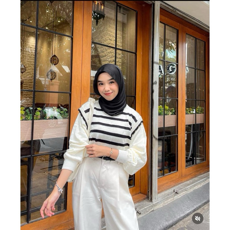 Atasan Wanita Rajut Lengan Balon Atasan Sweater Rajut Stripe Wanita Tshirt Wanita Lengan Panjang