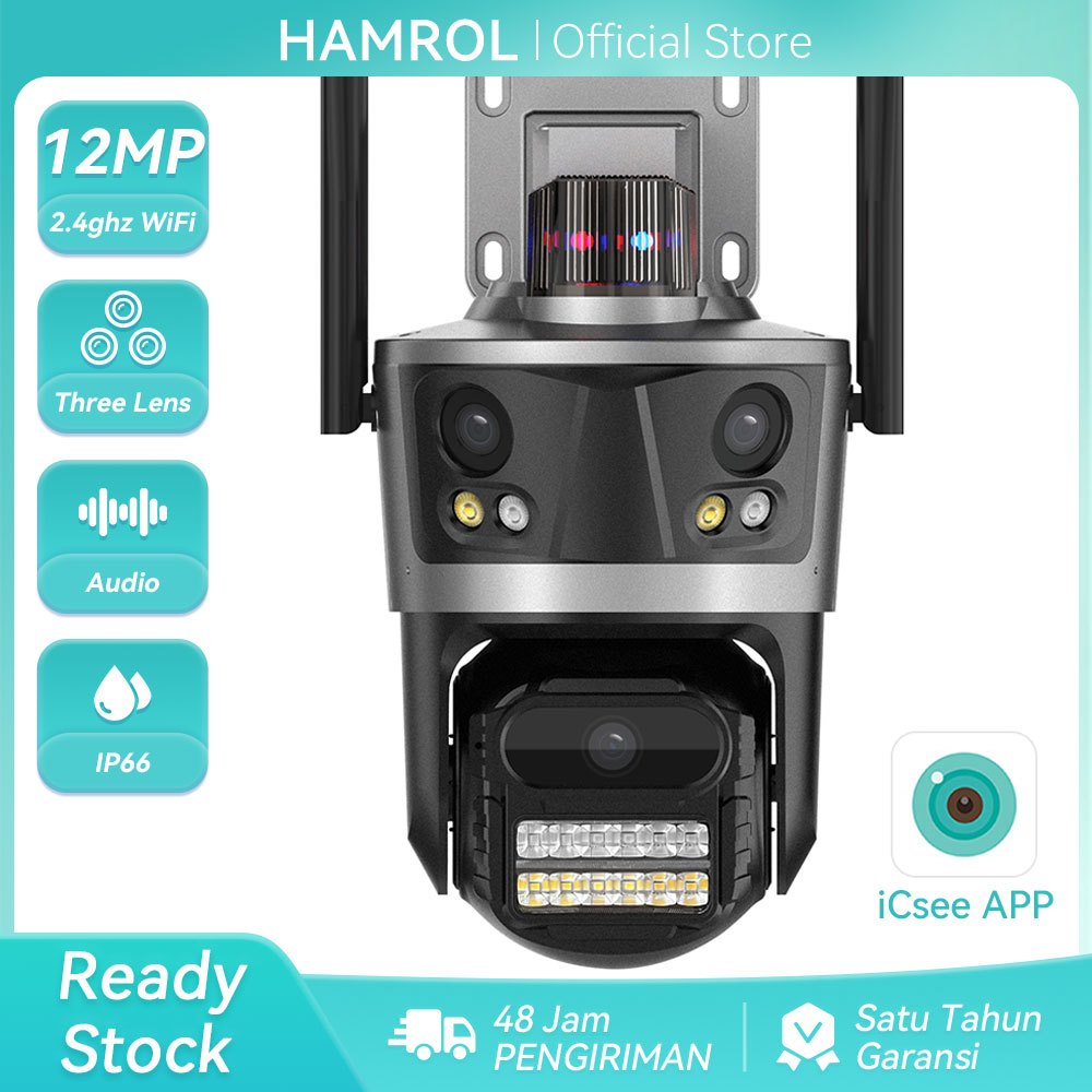 Hamrol 12MP Three Lens Kamera WiFi PTZ Outdoor Red Blue Alarm Light Wireless CCTV Security Camera