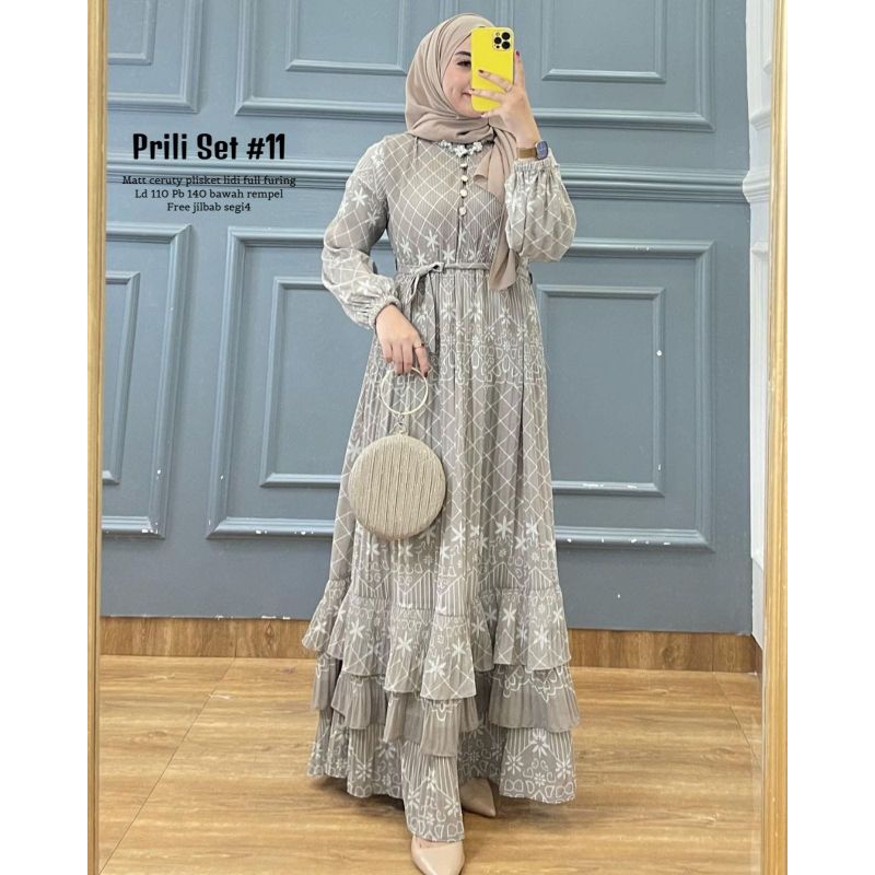 Baju Gamis Wanita Muslim Prili Set Jilbab Dress Ceruti Plisket Fashion Perempuan Dewasa Remaja Cewek