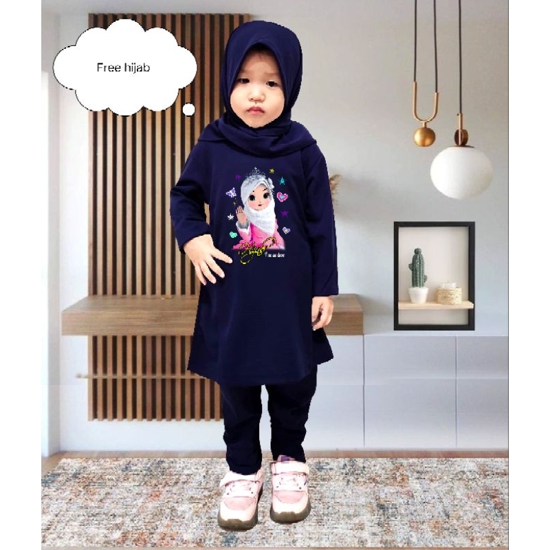 Setelan Anak Tunik Lengan Panjang Motif Kartun Lucu/ One set free Hijab