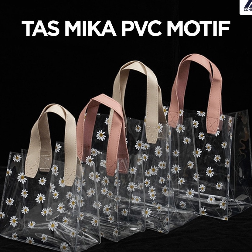 

KI3 Tas Mika PVC Motif Bunga Daisy Totebag Souvenir Transparan Goodiebag Gift Bag Handle Leather Mika