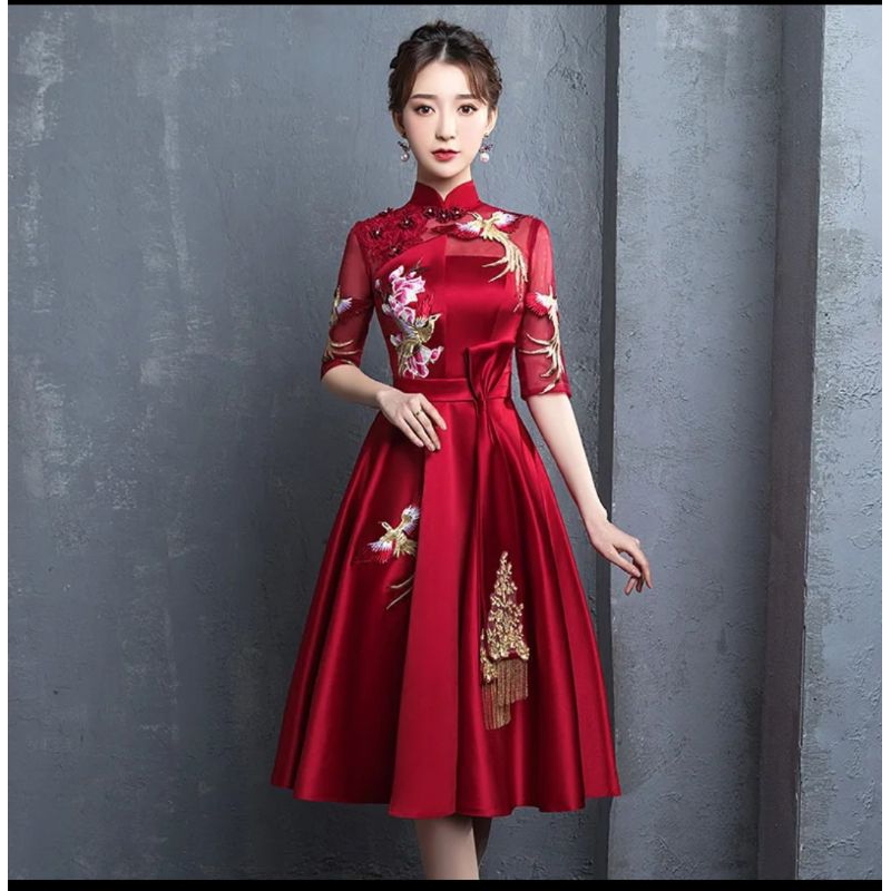 chengsam merah midi sangjit gown tinjing