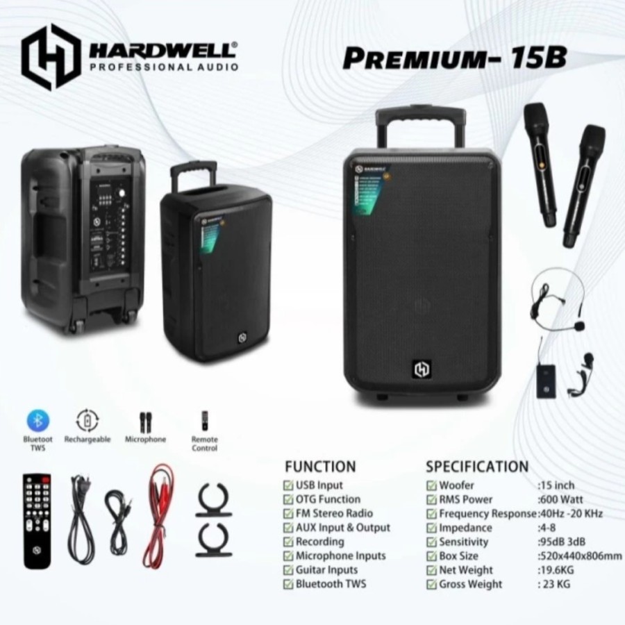 SPEAKER PORTABLE 15 INCH HARDWELL PREMIUM 15 B /600 WATT BLUETOOTH