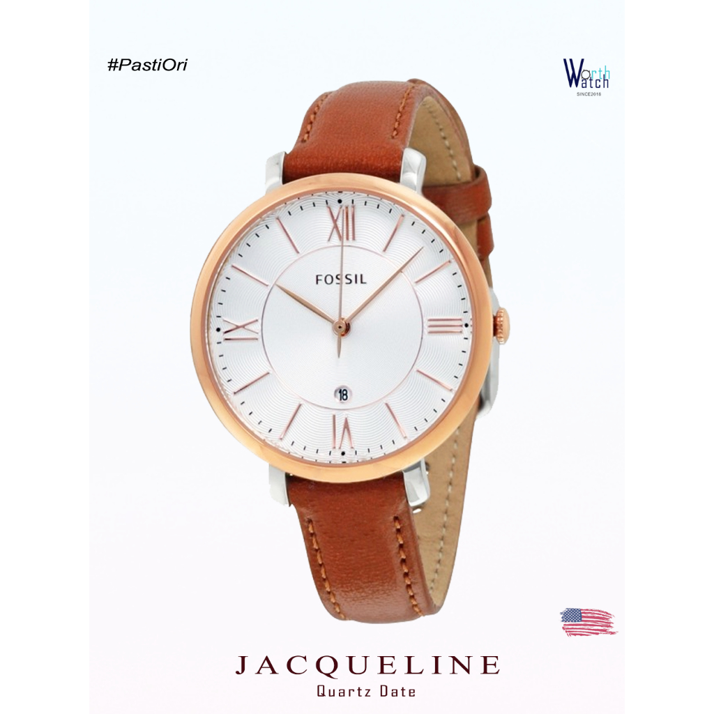 Jam Tangan Wanita Minimalis Jacqueline Mewah Tahan Air Tanggal Aktif Light Brown Leather Strap 36mm