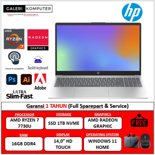 Laptop gaming HP 14 AMD RYZEN 7 7730U 16GB 1TB SSD 14 Touch Win11 SILVER