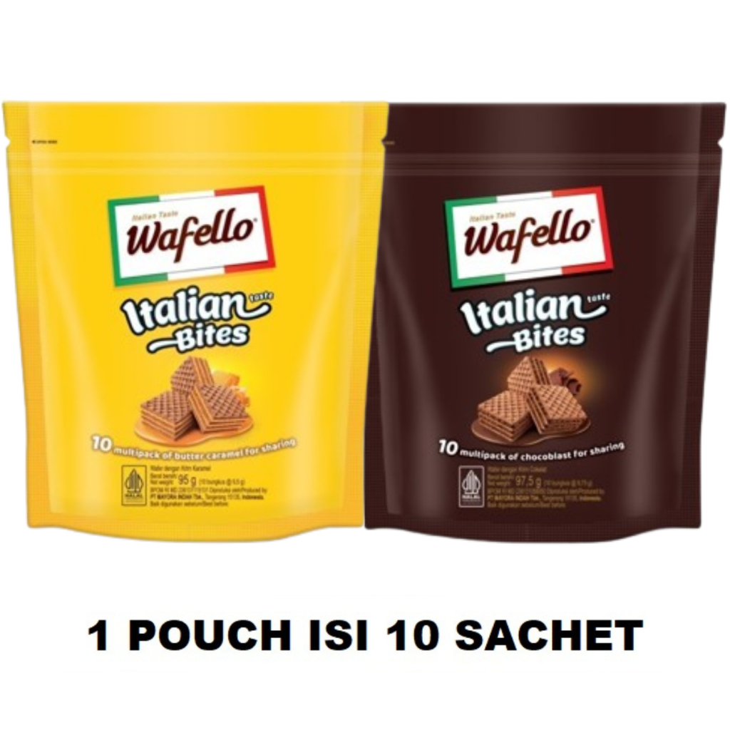 

Wafer Wafello Italian Bites Coklat Butter Caramel Kemasan Pouch Besar Isi 10Pcs 97.5g