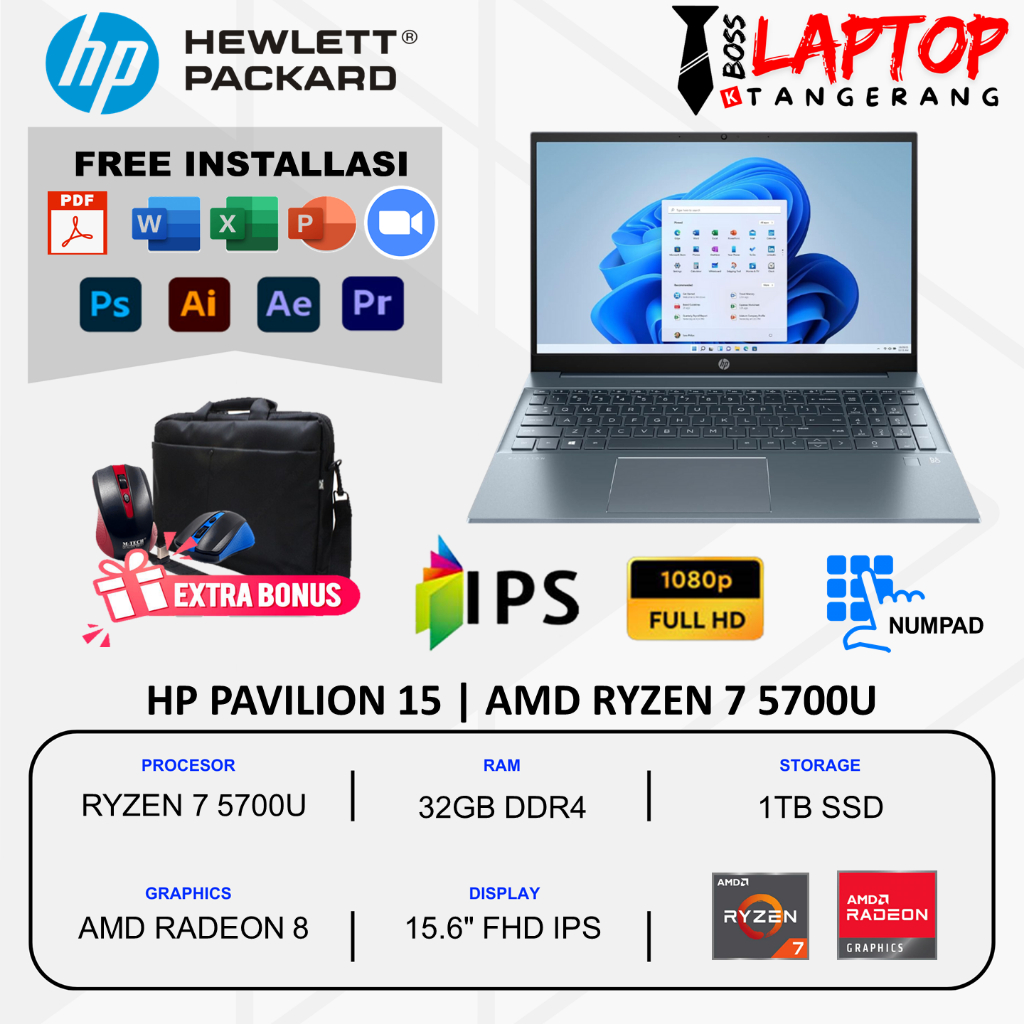 HP PAVILION 15 Ryzen 7 5700U Ram 16GB 512GB SSD 15 inch FHD IPS Radeon 8 Windows 11 Home