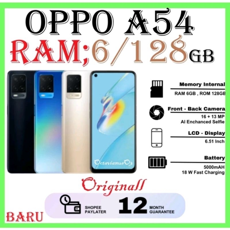 hp OPPO A54 ORi RAM 6/128GB & 4/128GB [5000mAh+Layar6,51inci+Camera Selfi 16MP Al] FULSET GARANSI 1T