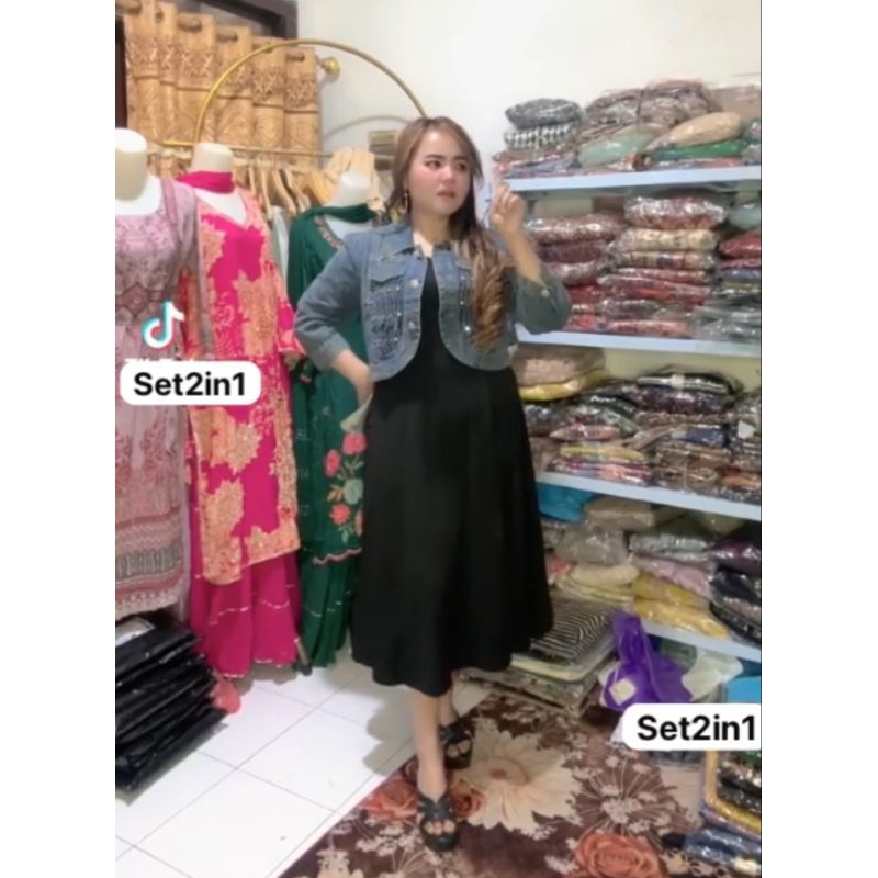 SET2IN1 DRESS MIDI IMPORT DAN JAKET JEANS PREMIUM