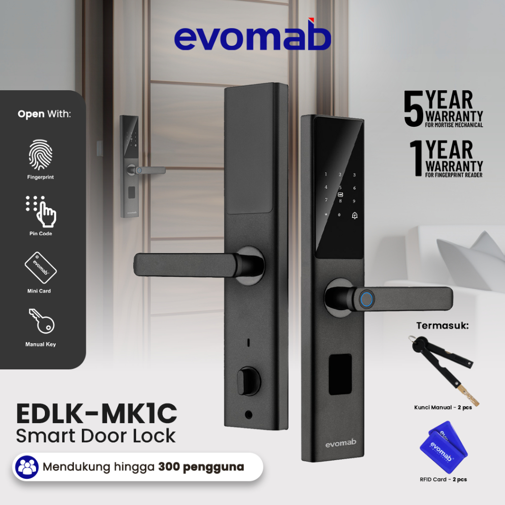 evomab Smart Door Lock Kunci Pintu Digital Fingerprint Kartu EDLK-MK1C