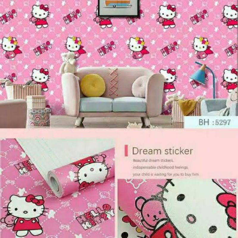 COD Wallpaper Dinding Termurah Ukuran 8-9 Meter  Motif Hello Kitty Silang GH034