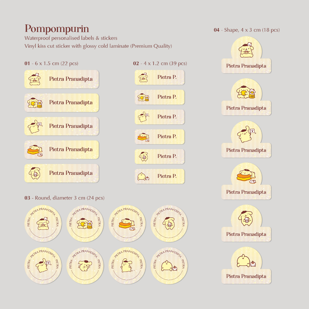 

POMPOMPURIN / STICKER NAMA SINGLE PACK (4 bentuk , 4 ukuran) / Sticker Vinyl Waterproof (tahan air & anti sobek) / Label Sekolah / Label Nama Anak