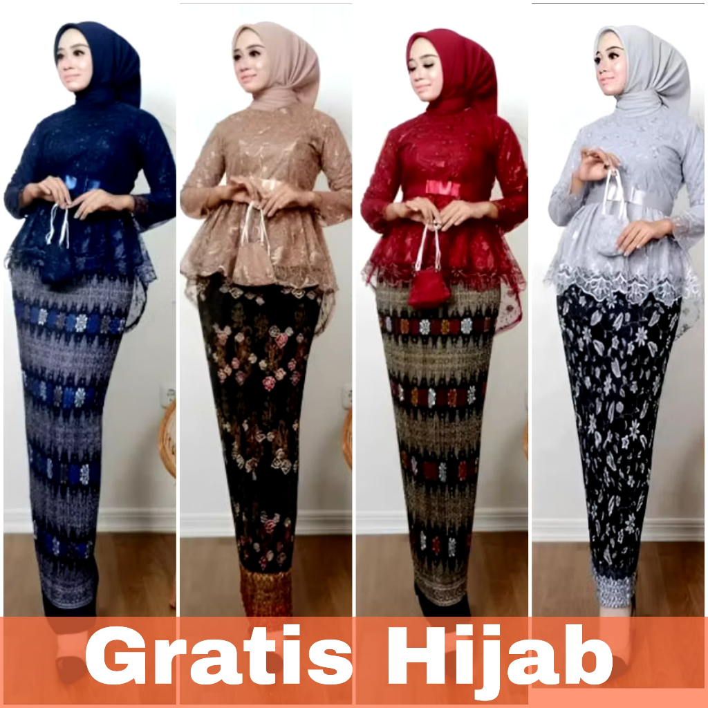 GRATIS HIJAB - Baju Kebaya Modern - Setelan Kebaya + Rok Plisket Batik - Set Kebaya Wisuda - Stelan 