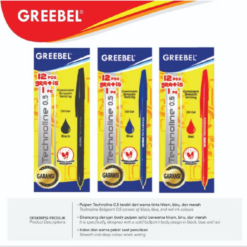 

Pulpen Greebel Technoline 0.5 Pen Ballpoint Standard Hitam Merah Biru 1 box
