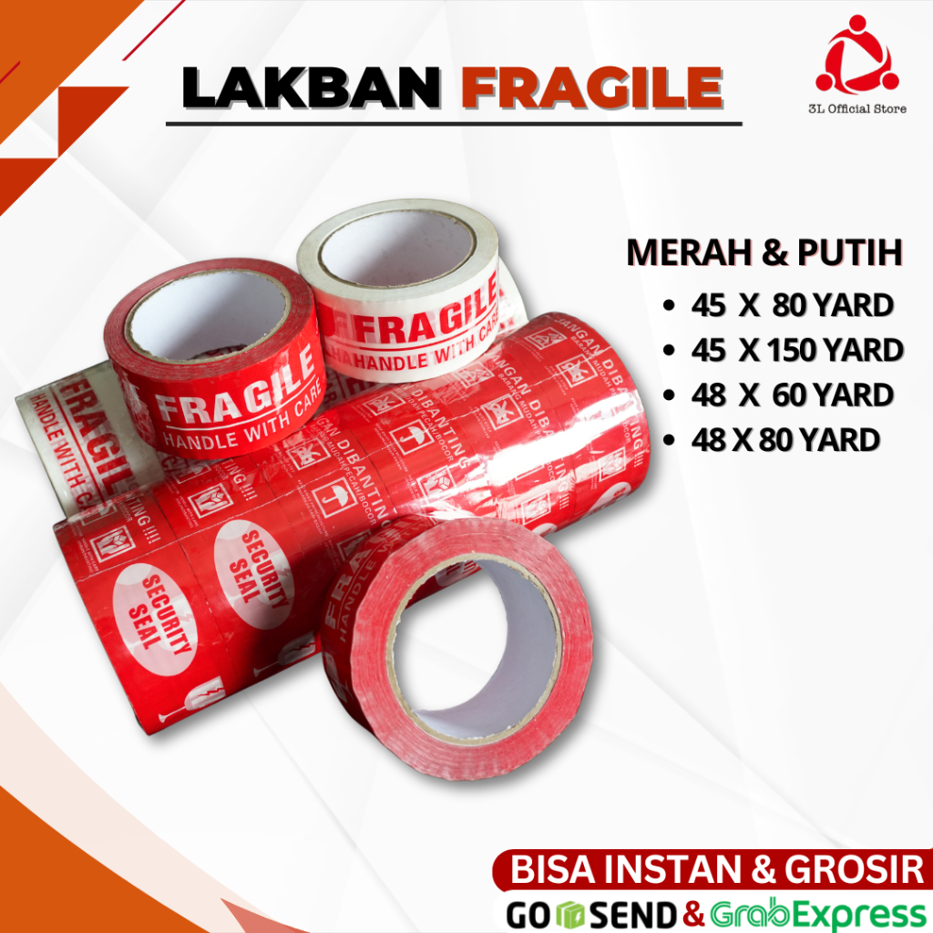 

Lakban Packing Fragile merah, putih, Lakban olshop