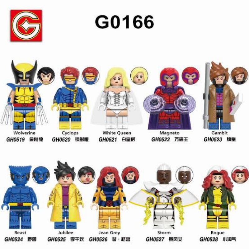 brick figure xmen, storm,gambit, jubilee,jane, Cyclop, wolverine, rogue, nightcrawler