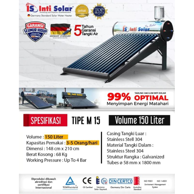 Inti Solar M15 - Pemanas Air Tenaga Matahari 150 Liter, Teknologi Jerman, Garansi 5 Tahun