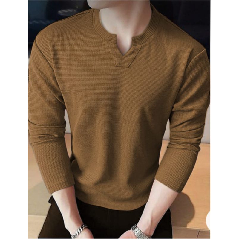 kaos polos pria wafer lengan panjang premium / kaos lengan panjang knit motif polos pria / baju pria