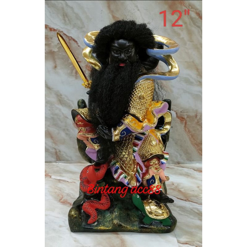 patung dewa siong te kong/ hian tian - gondrong - hitam - duduk - kayu - 12inch