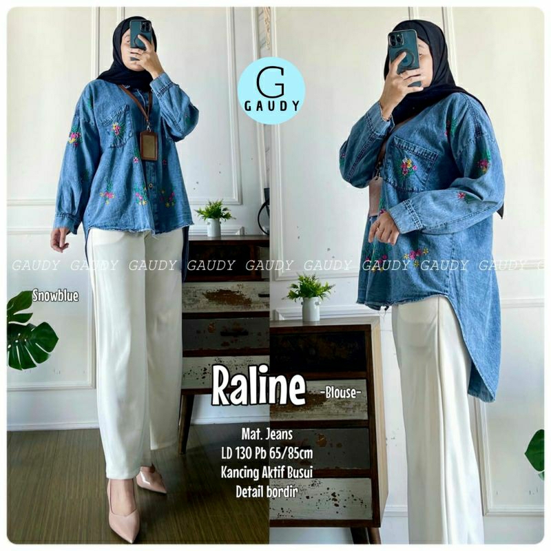Raline Long Tunik Super Jumbo Oversize Jeans Snow Bordir Bunga Ld 130 Fit XXXL By Gaudy