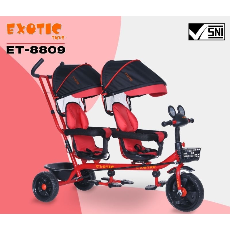 Sepeda Roda 3 Exotic 8809 Boncengan Sepeda Anak Kembar Tricyle 2 Seat Double Seats Musik Kanopi
