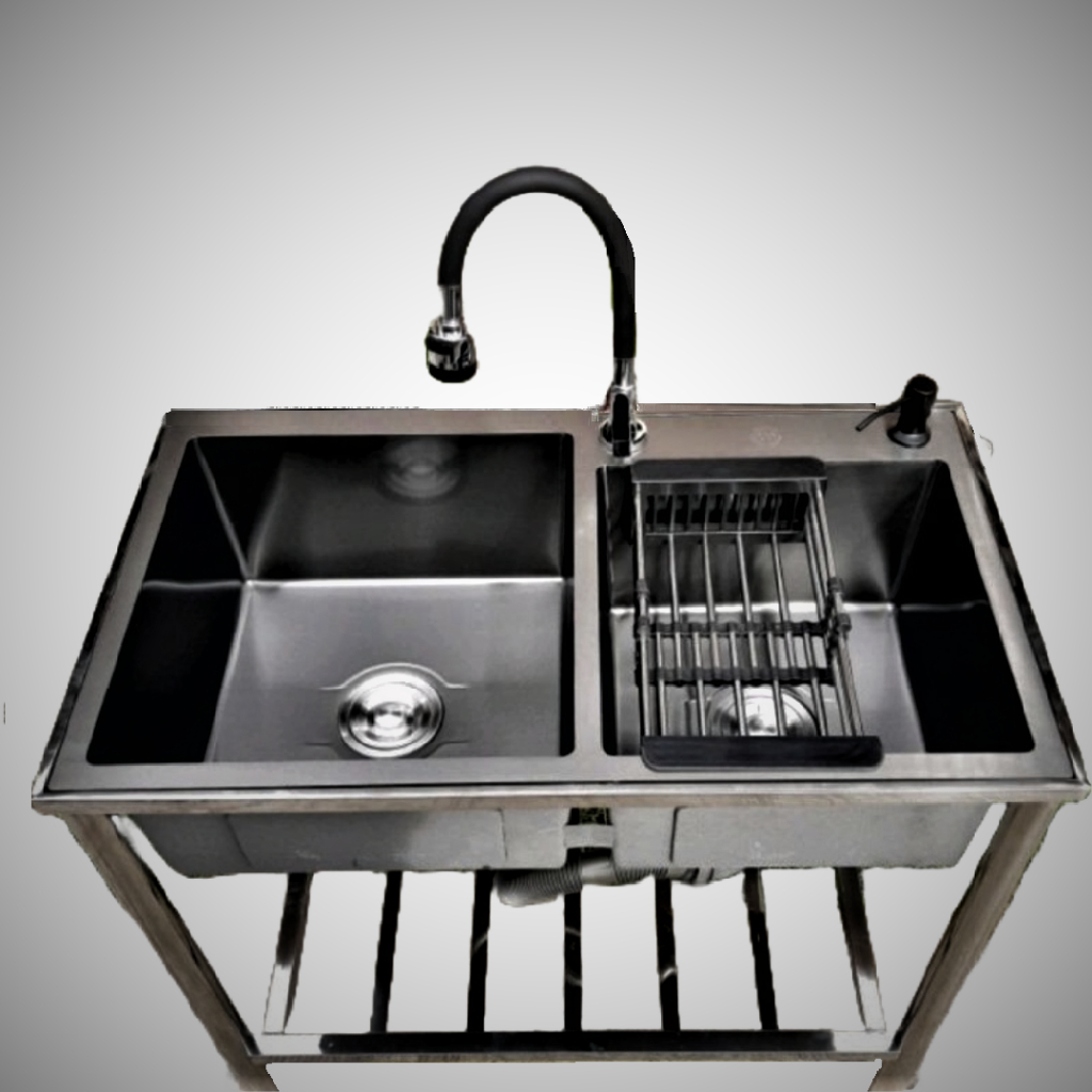 Bak cuci piring kitchen sink dengan kaki meja 82 x 45 Black 2 lubang