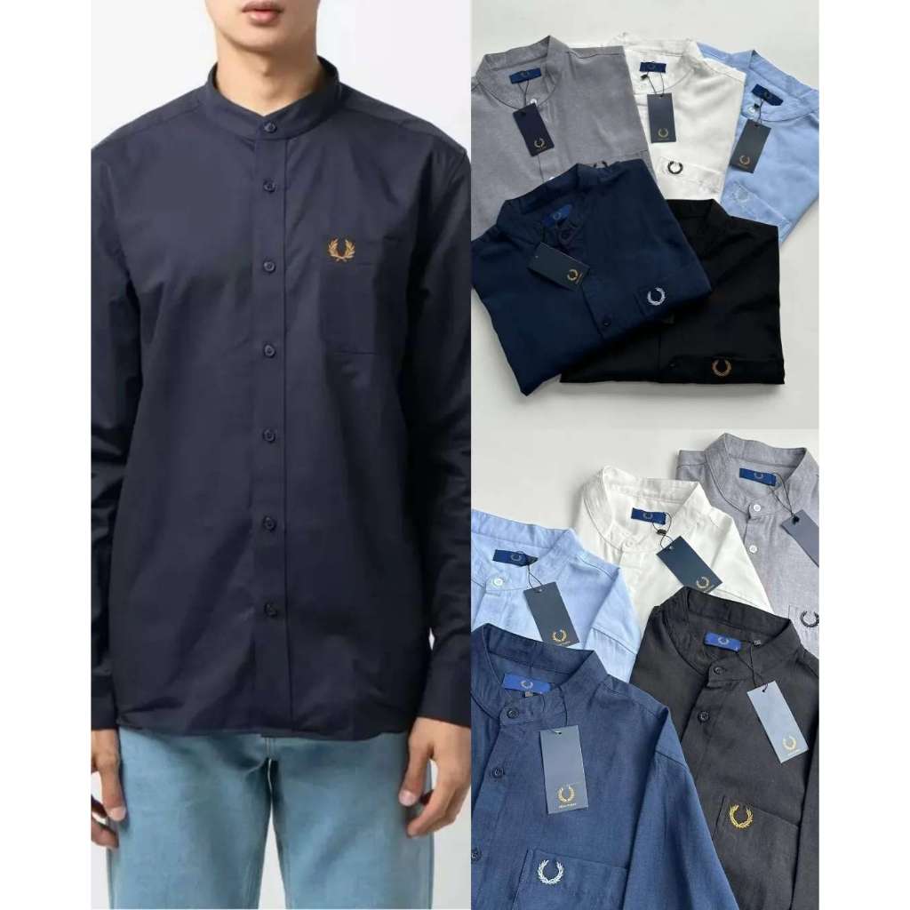 Kemeja FredPerry Grandad Collar Longsleeve Shirt - Baju Kemeja Shanghai Neck Lengan Panjang