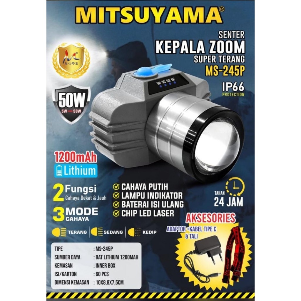 Senter Kepala MITSUYAMA MS-245P Super ZOom 50watt  Senter Kepala LED Zoom 50 Watt Mitsuyama MS-245P