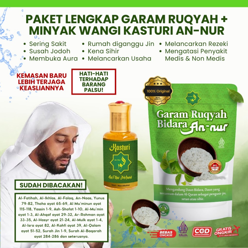 

PAKET BUNDLING - Garam Bidara 1kg & Parfum Kasturi Metode Ruqyah Mandiri - Bisa Dipakai Mandi