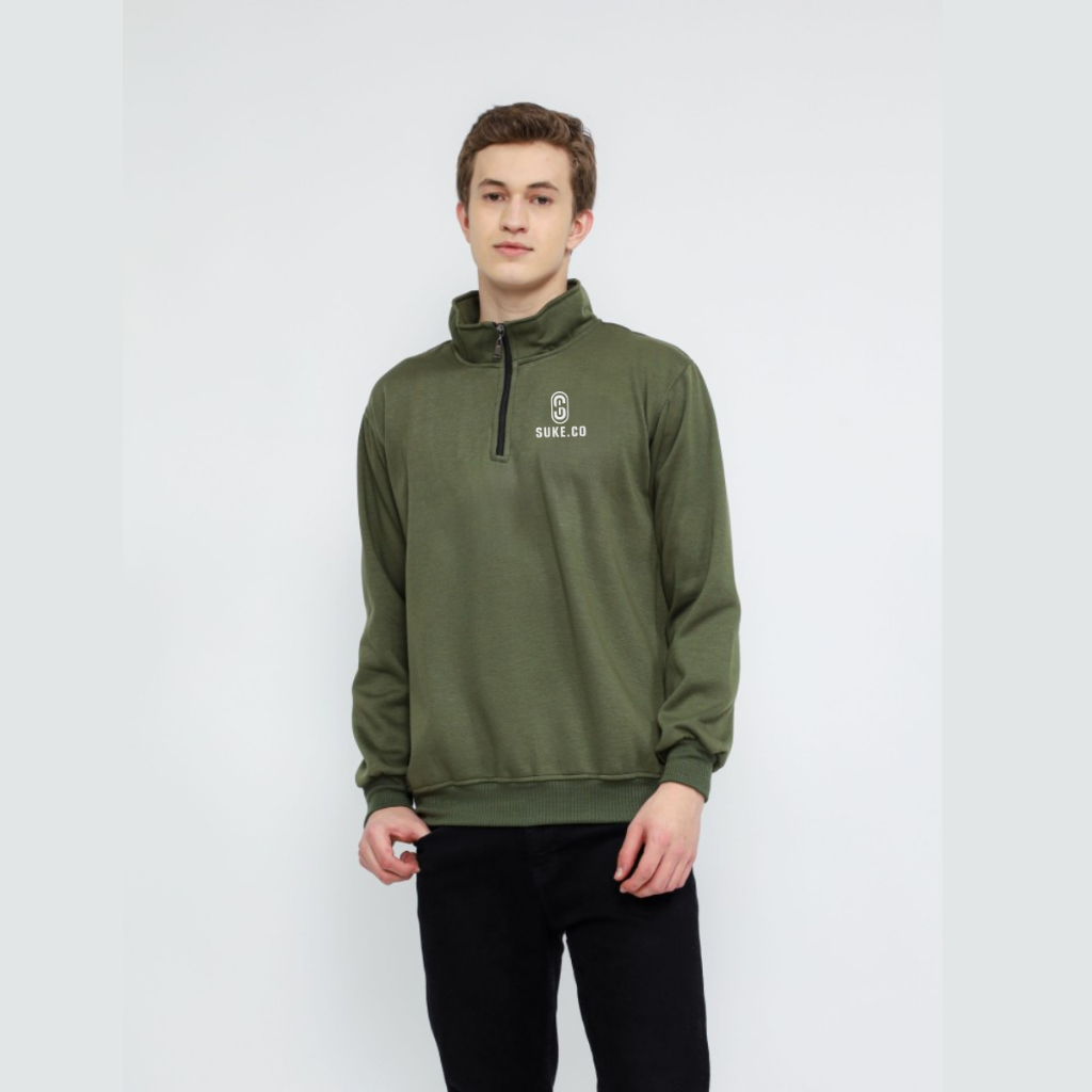 Suke.co Half Zip Pria Sweatshirt Rugby Olive Unisex