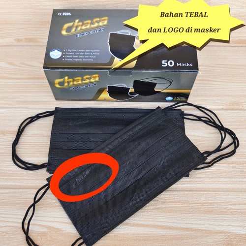 Masker Hitam 3ply Chasa Embos Earloop isi 50 Pcs Chasa Full Black Kemenkes Premium Quality