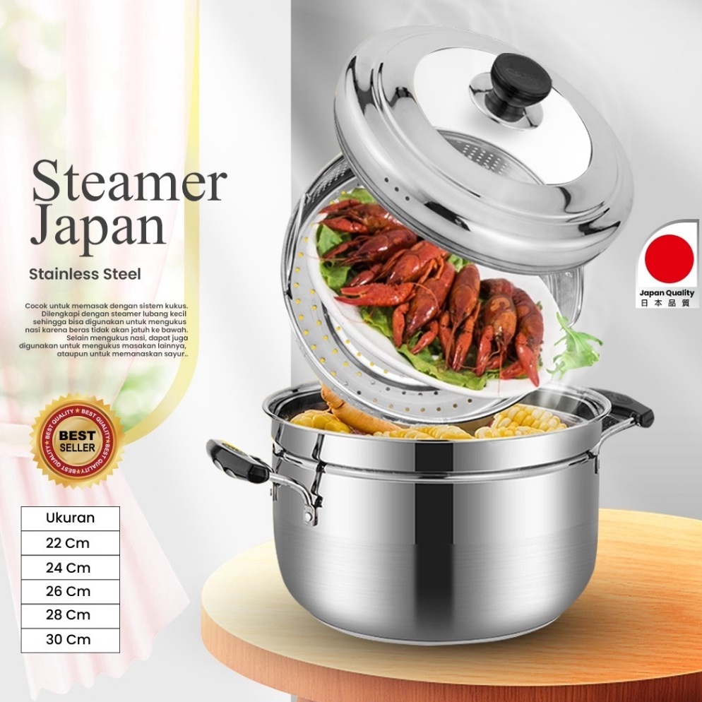 KODE V5U Panci kukusan tutup kaca ukuran besar Panci Kukus 2 SusunPanci Kukus Stainless Steel Dandan