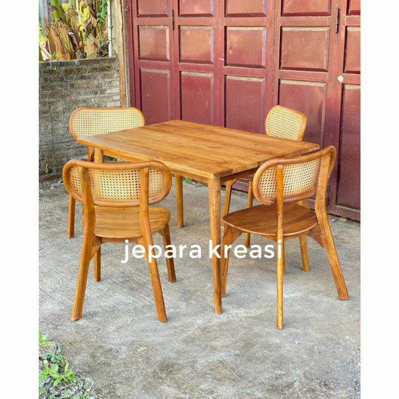 meja makan 4 kursi kayu jati rotan minimalis, set meja makan 4 kursi rotan kayu jati