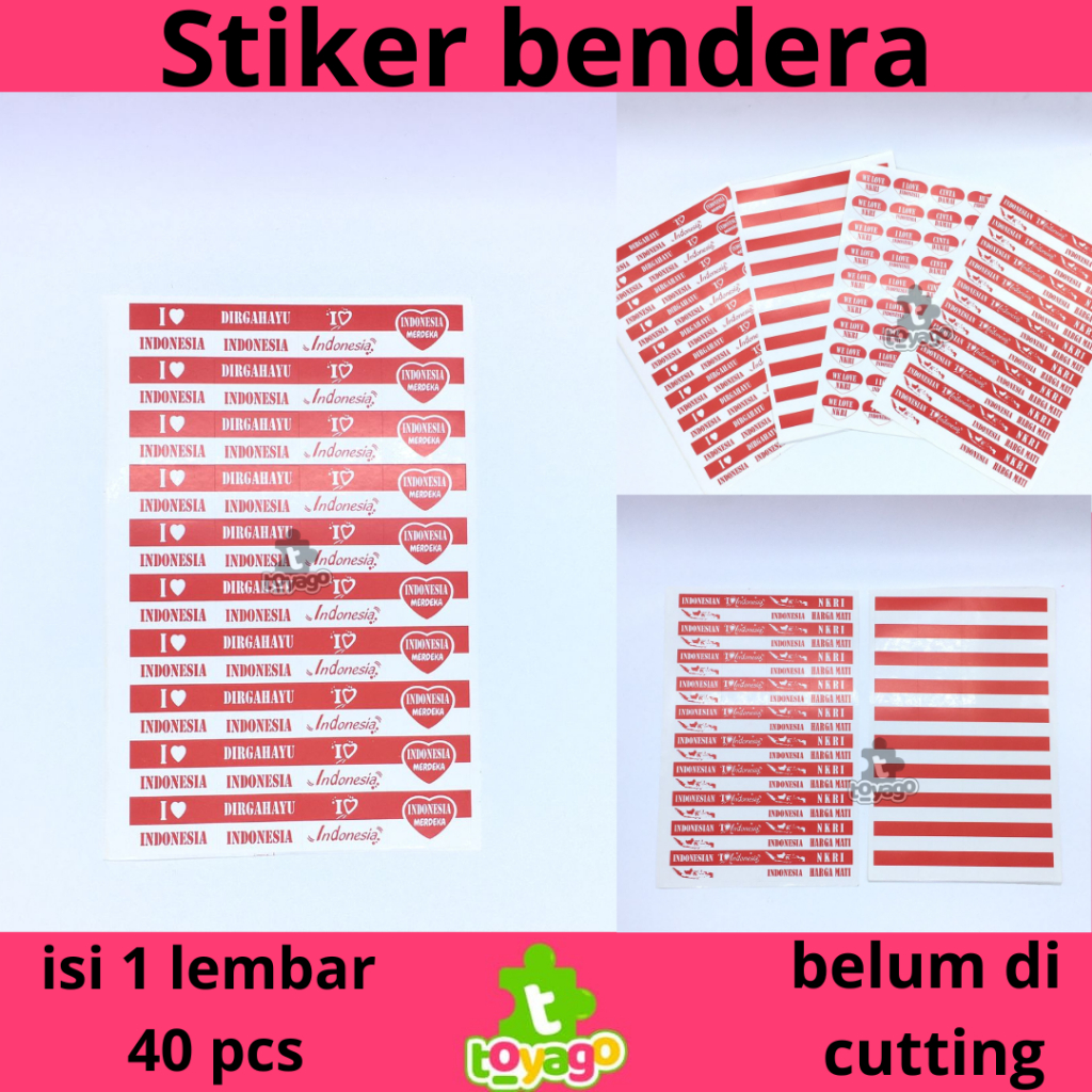 

Stiker Bendera Indonesia Isi 10 lembar x 40 pcs Grosir Murah (Stiker bendera toyago toys)