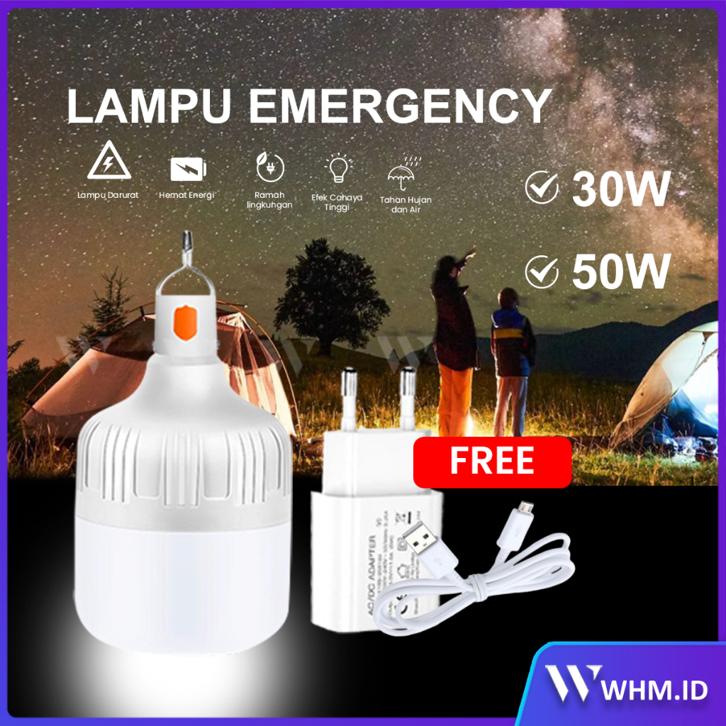 Lampu Emergency Gratis Charger 30W 50W Darurat Bulb LED IndoorOutdoor IP66 baterai18650/4pcs×1200mAh