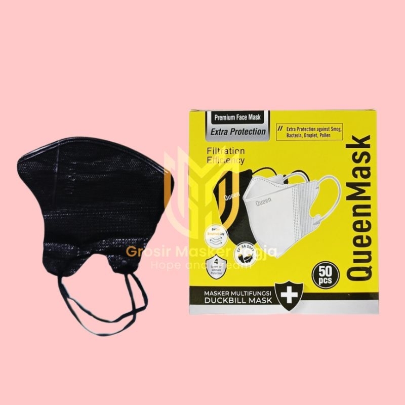 Masker Duckbill Queen Mask 4 Ply Hitam Putih Isi 50 Lembar