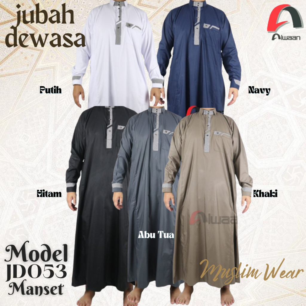 Baju/pakaian muslim koko gamis jubah dewasa ALWAAN/ATTALWIN JD053 MANSET Putih Hitam Navy Khaki Abu