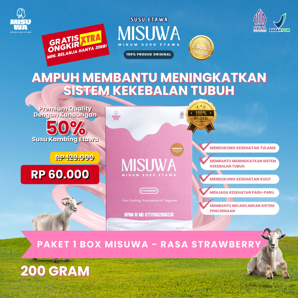 

Susu Kambing Etawa Bubuk Rasa STRAWBERRY 200GR Ampuh Meningkatkan Sistem Kekebalan Tubuh | MISUWA