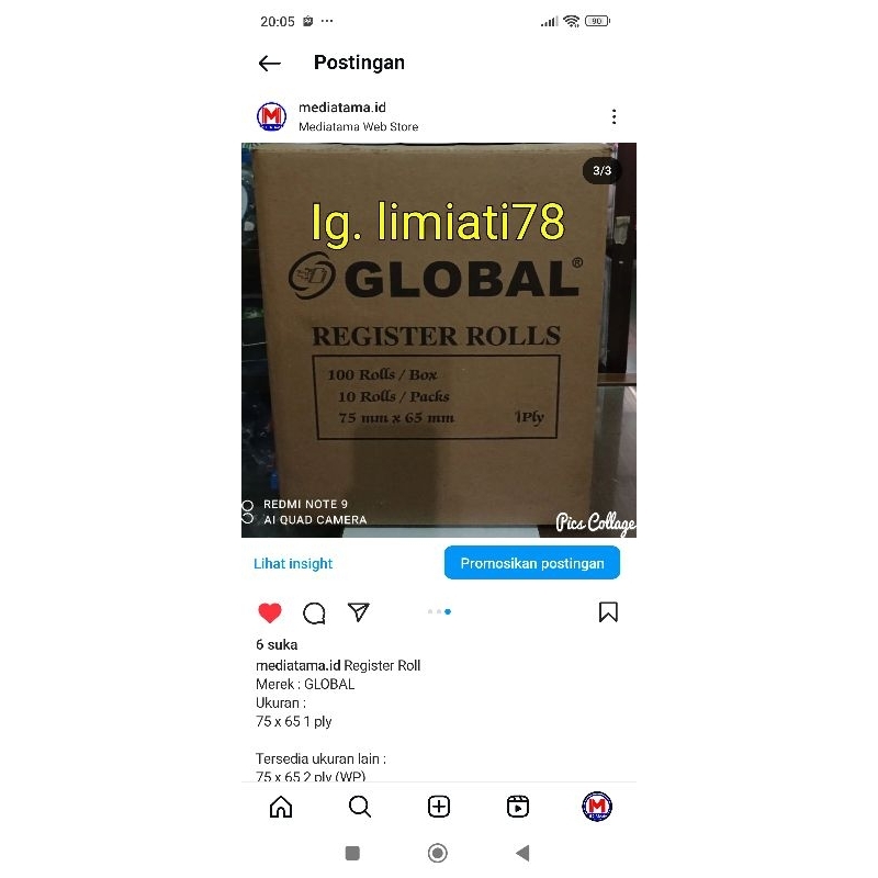 

Paper Roll Global 75 x 65 (1 ply) isi 100 roll