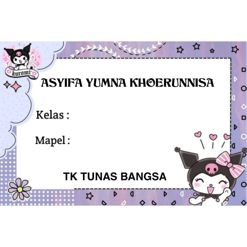 

(ISI 50 PCS) STICKER LABEL BUKU PELAJARAN SEKOLAH BISA CUSTOM NAMA DAN FOTO MOTIF KUROMI SANRIO