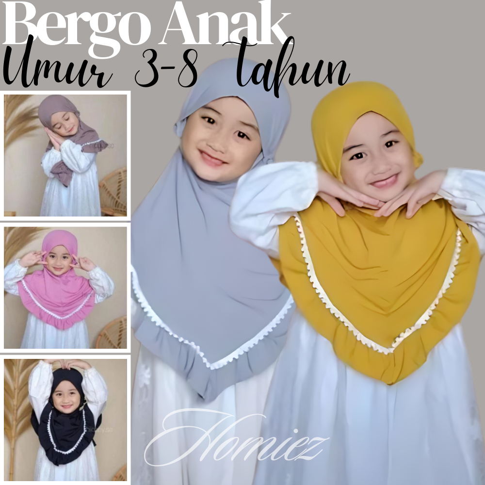 Jilbab Instan Anak Perempuan Umur 3-8Tahun Jumbo Renda Rempel Tali Serut Hijab Bergo Pet Busa Antem